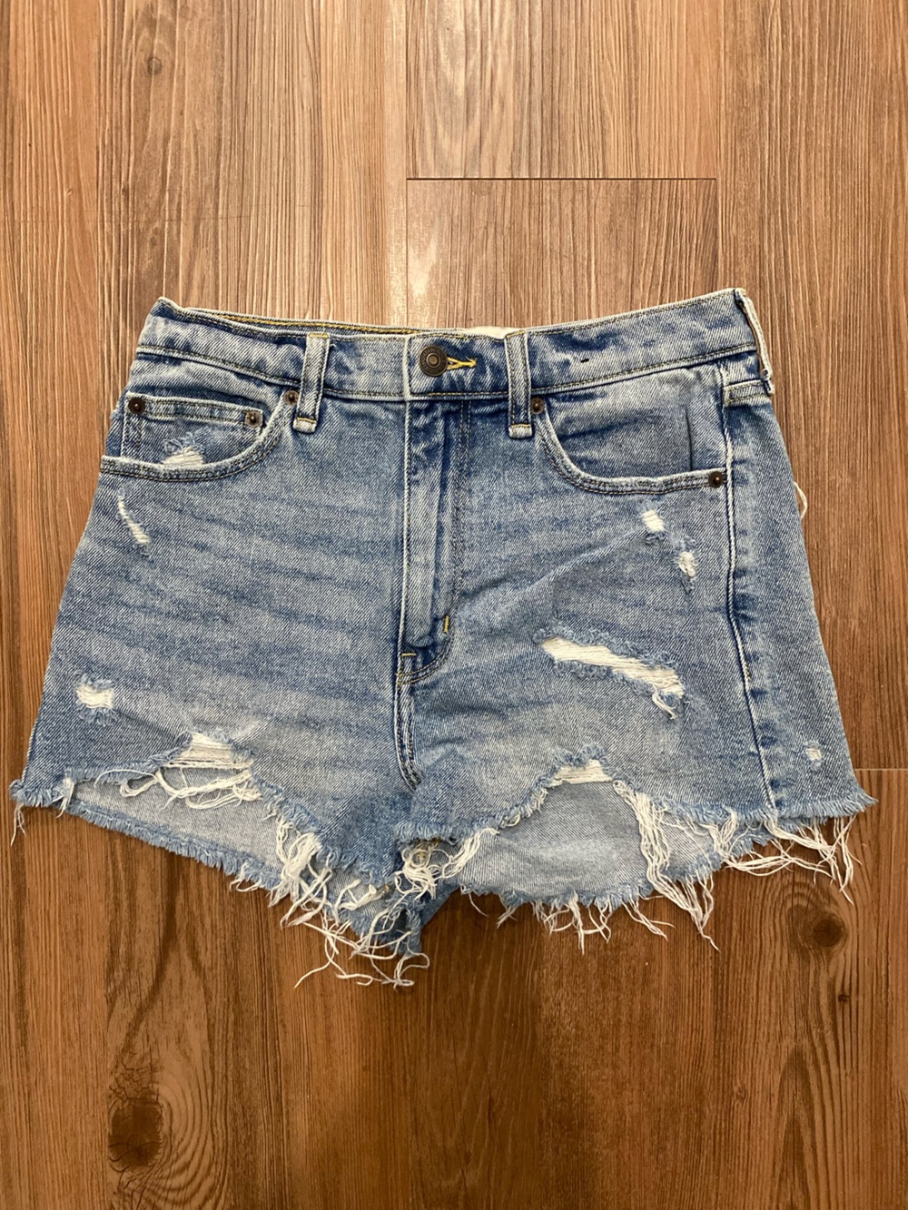 Abercrombie & Fitch Light Blue Denim Shorts with Yellow Stitching